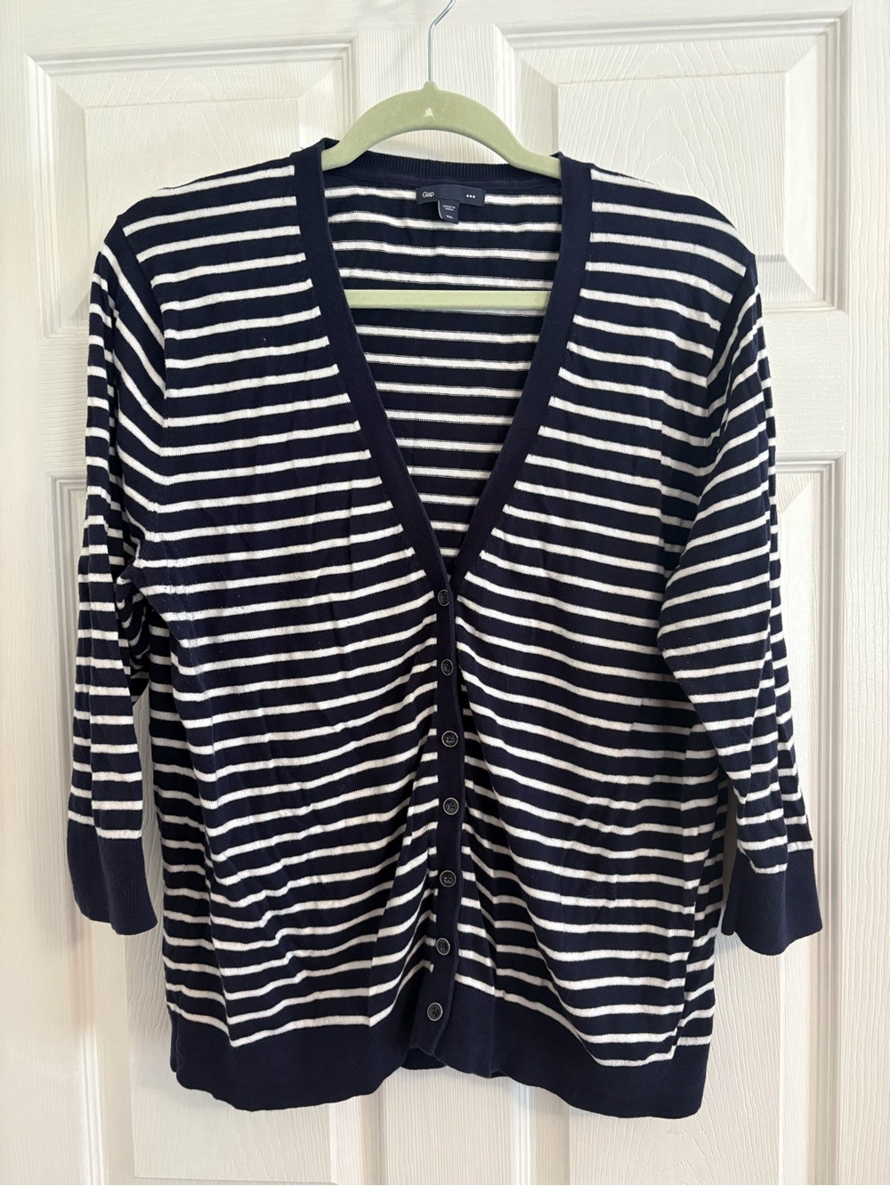GAP Navy and White Striped Button-Up Women's Cardigan